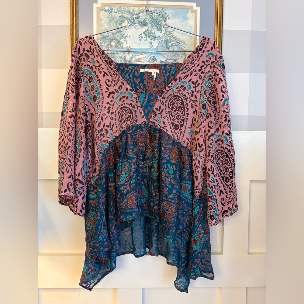 Anthropologie Pink and Teal Paisley Mixed-Print Blouse
